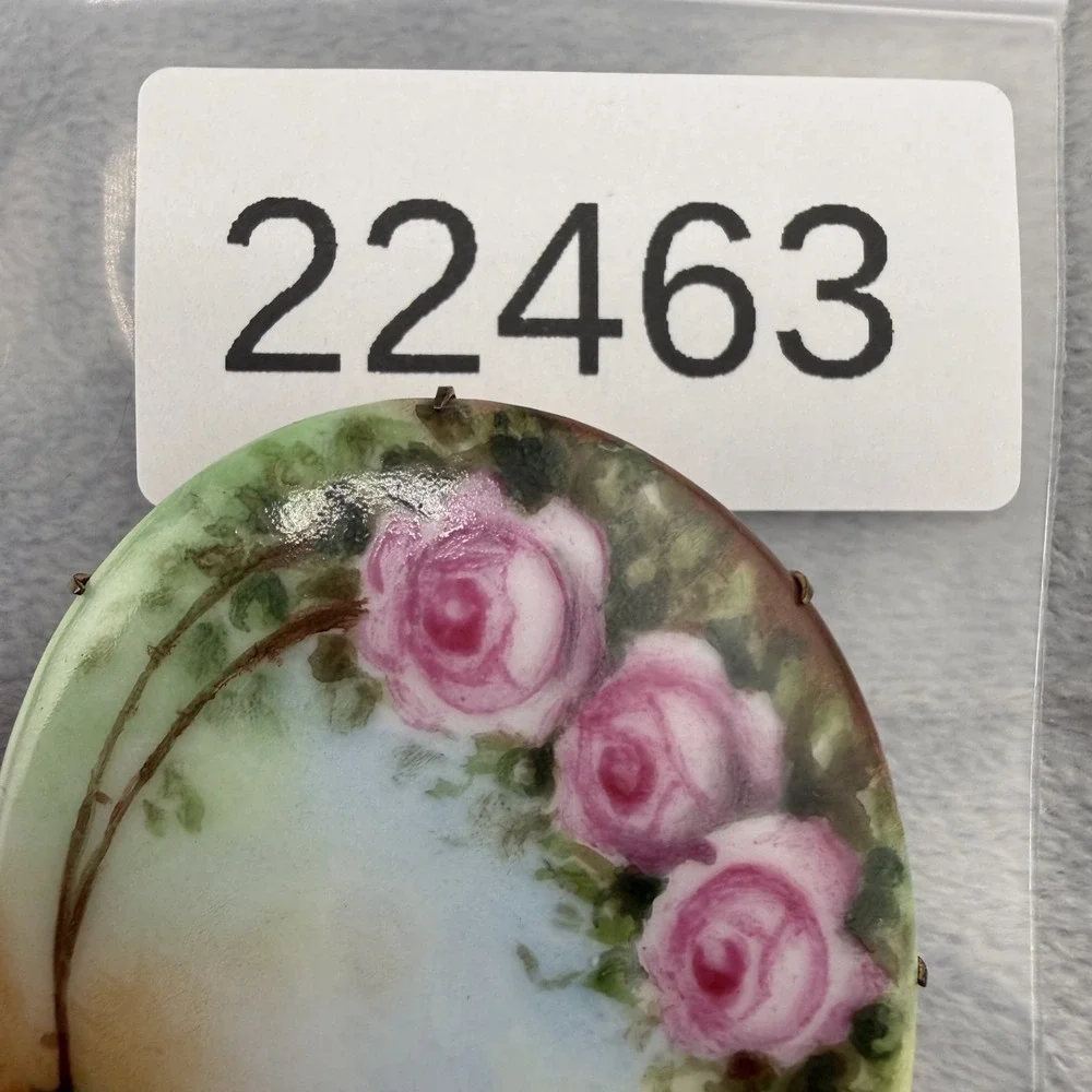 Vintage‎ Porcelain Brooch Hand Painted Flowers Roses Pink Yellow